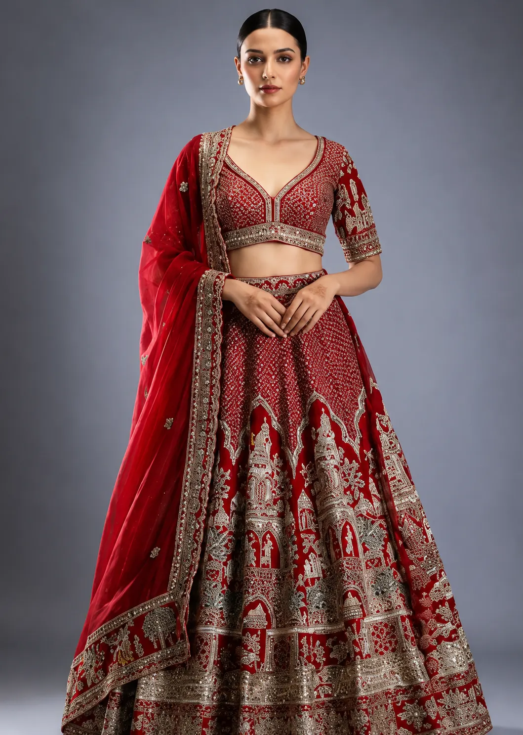 Red Silk Bridal Lehenga with Embroidered Elbow Sleeve Blouse