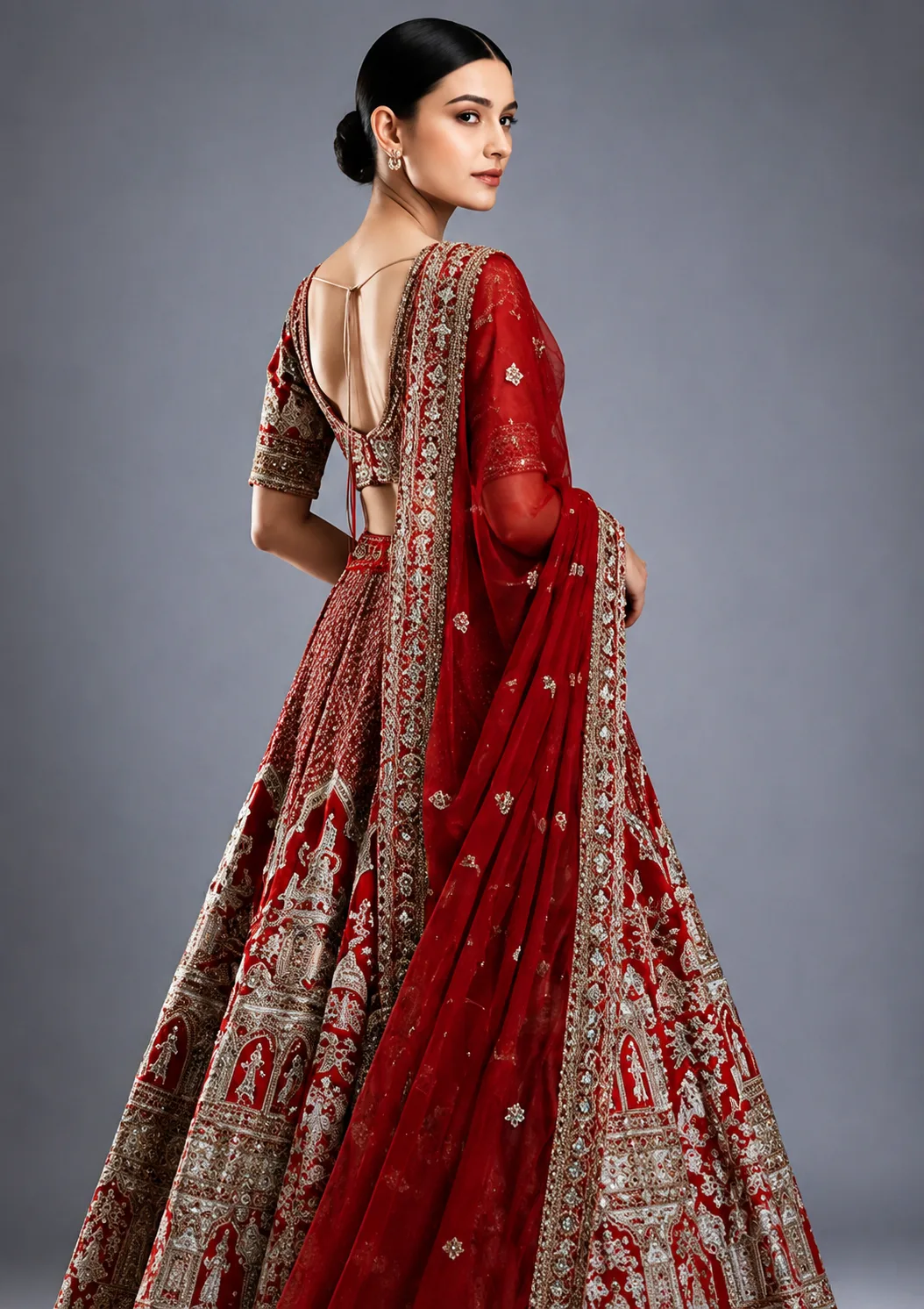 Red Silk Bridal Lehenga with Embroidered Elbow Sleeve Blouse