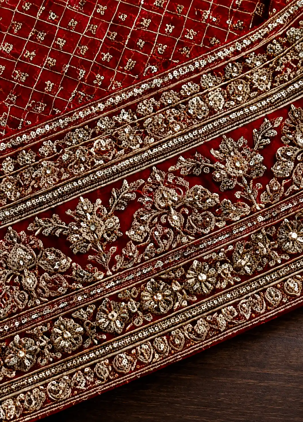 Red Silk Bridal Lehenga with Embroidered Elbow Sleeve Blouse