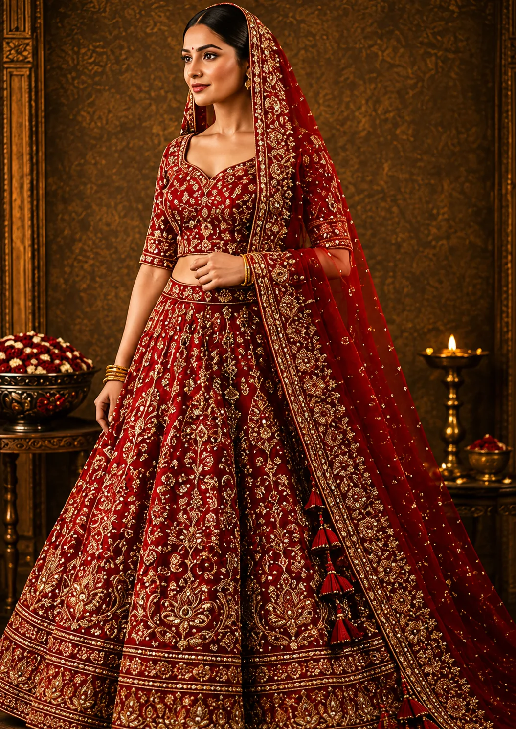 Red Resham Embroidered Silk Bridal Lehenga with Leaf Neck Blouse