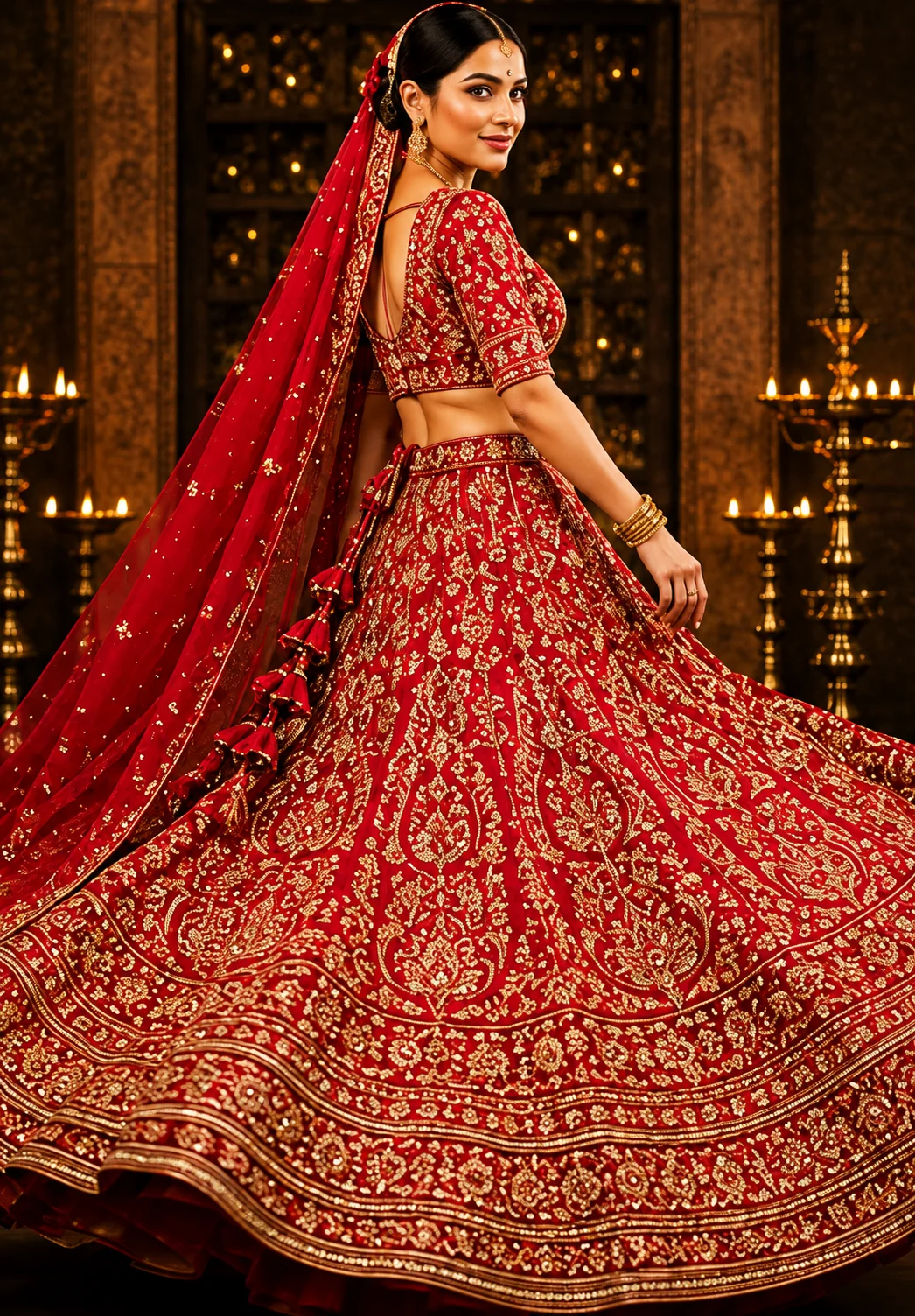 Red Resham Embroidered Silk Bridal Lehenga with Leaf Neck Blouse