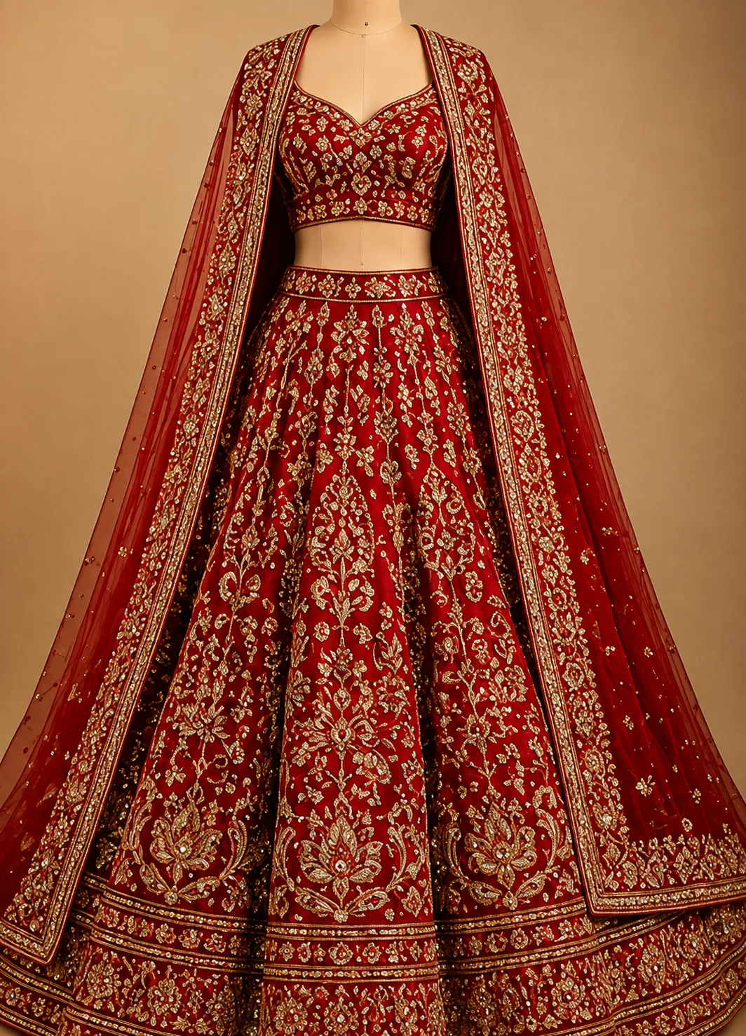 Red Resham Embroidered Silk Bridal Lehenga with Leaf Neck Blouse