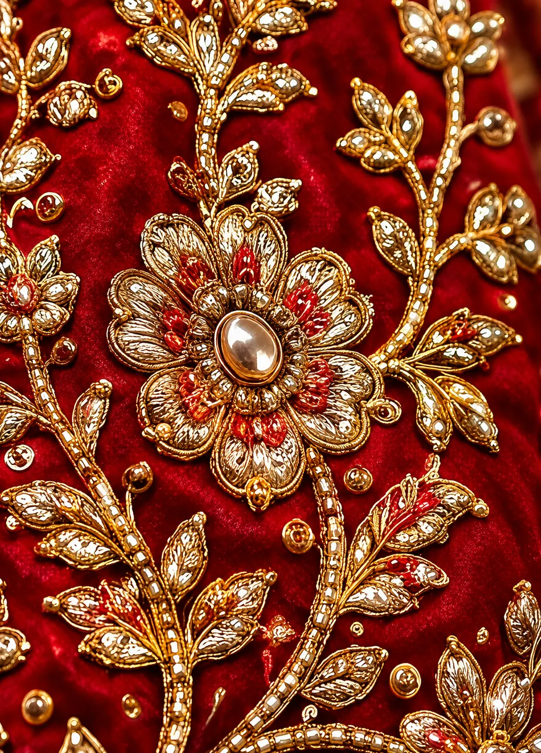 Red Resham Embroidered Silk Bridal Lehenga with Leaf Neck Blouse