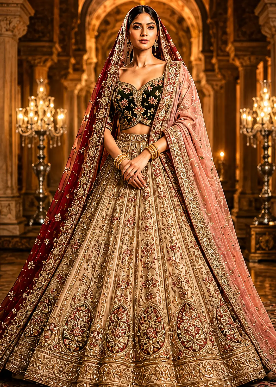 Beige Resham Embroidered Silk Reception Lehenga with Double Dupatta
