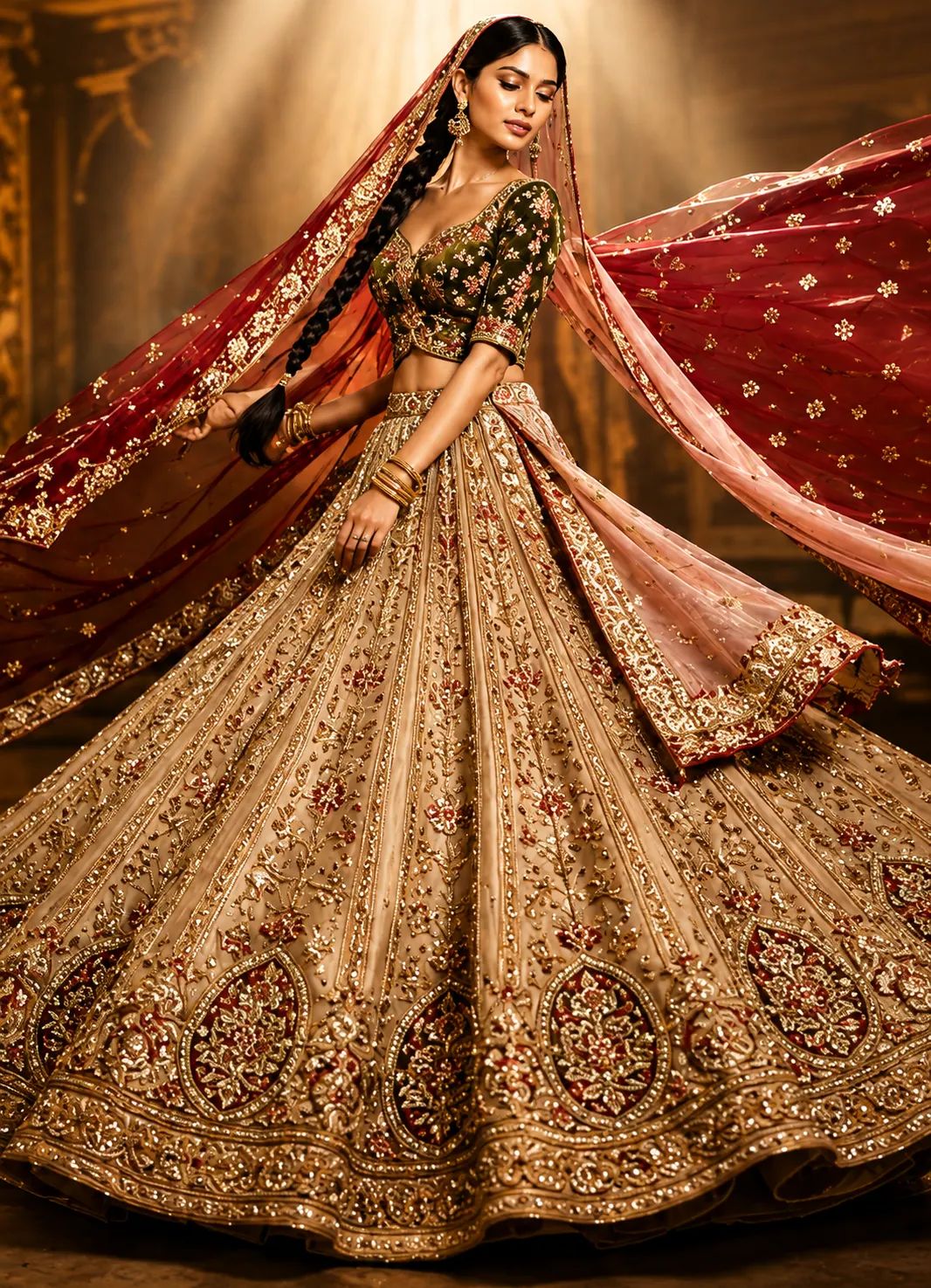 Beige Resham Embroidered Silk Reception Lehenga with Double Dupatta