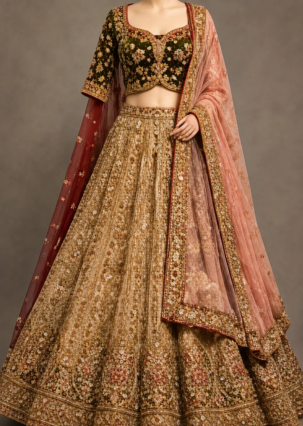 Beige Resham Embroidered Silk Reception Lehenga with Double Dupatta