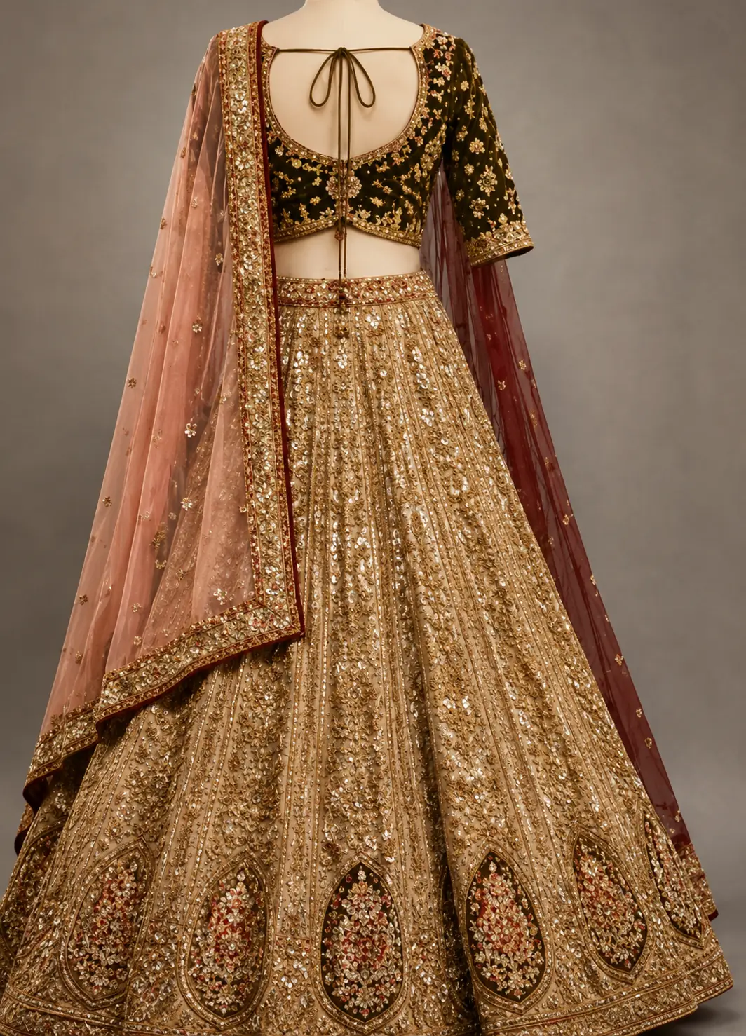 Beige Resham Embroidered Silk Reception Lehenga with Double Dupatta