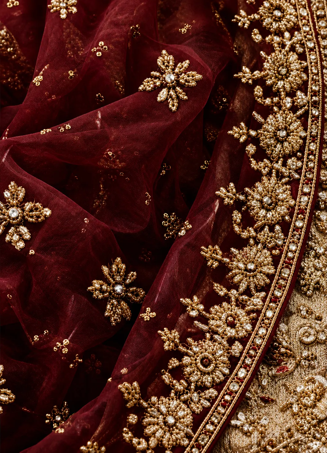 Beige Resham Embroidered Silk Reception Lehenga with Double Dupatta