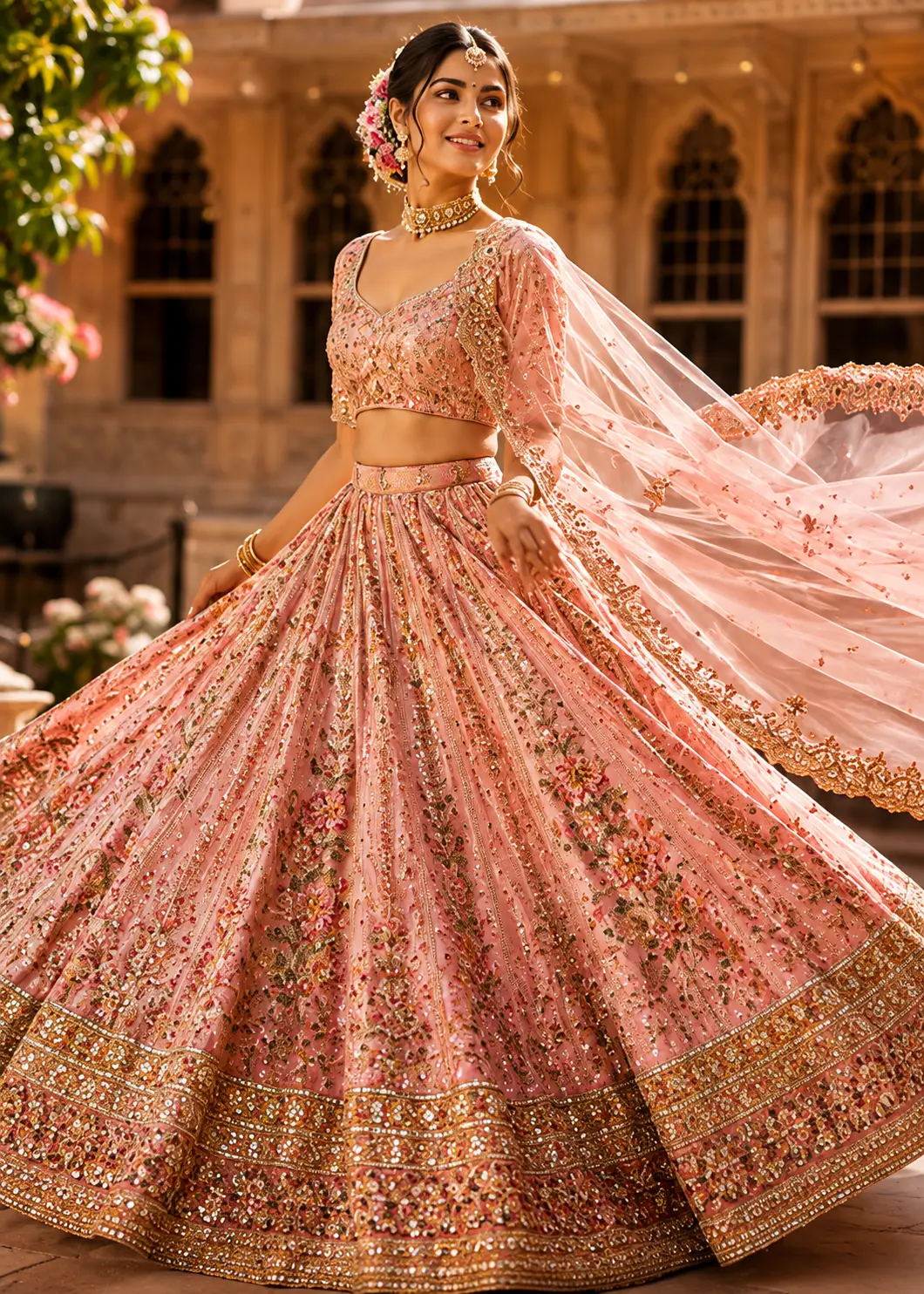 Pink Shaded Resham Embroidered Reception Lehenga with Curve U Neck Blouse