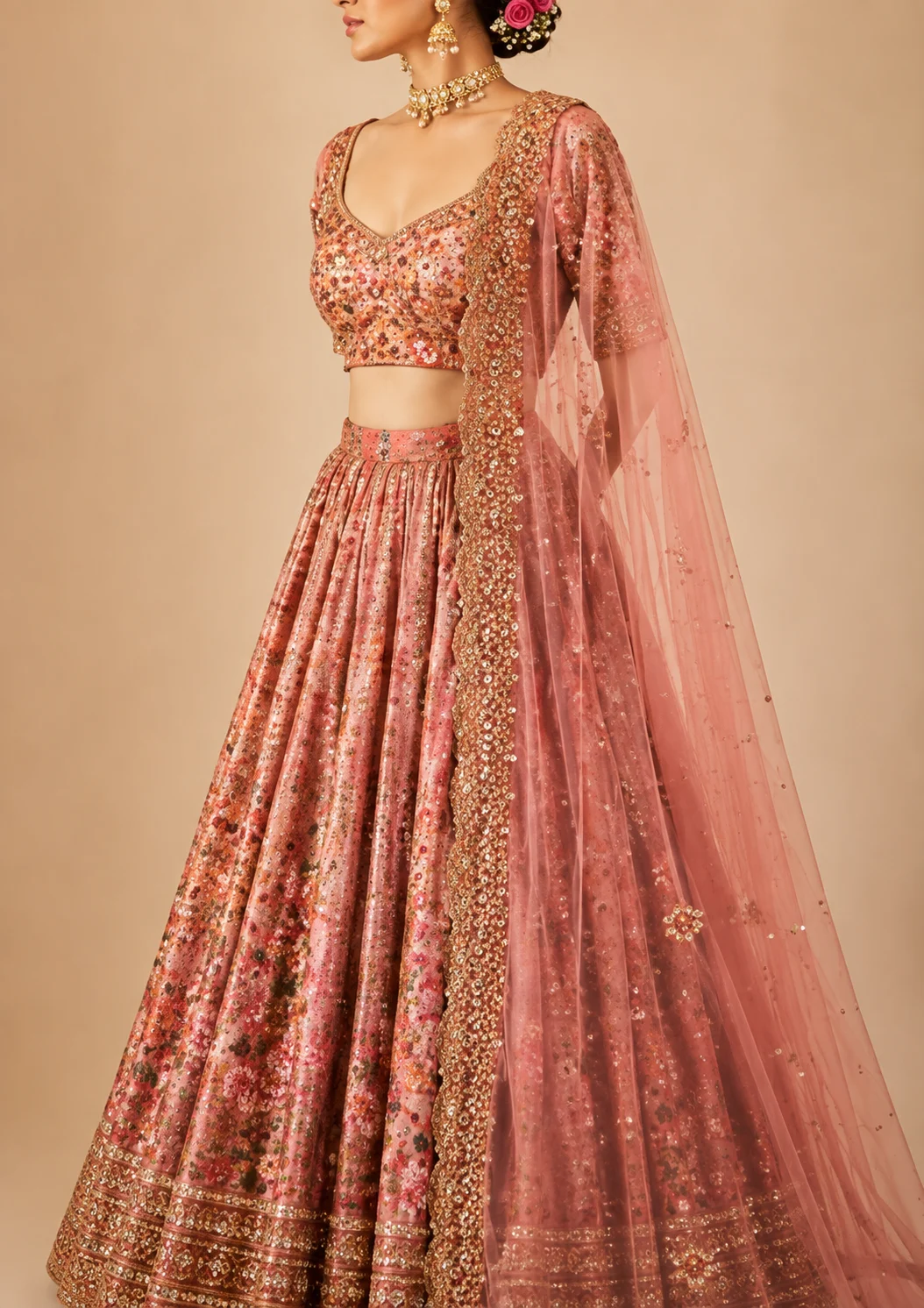 Pink Shaded Resham Embroidered Reception Lehenga with Curve U Neck Blouse