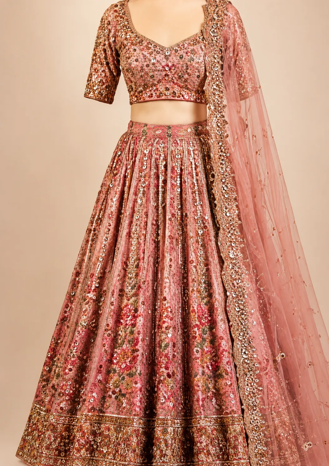 Pink Shaded Resham Embroidered Reception Lehenga with Curve U Neck Blouse