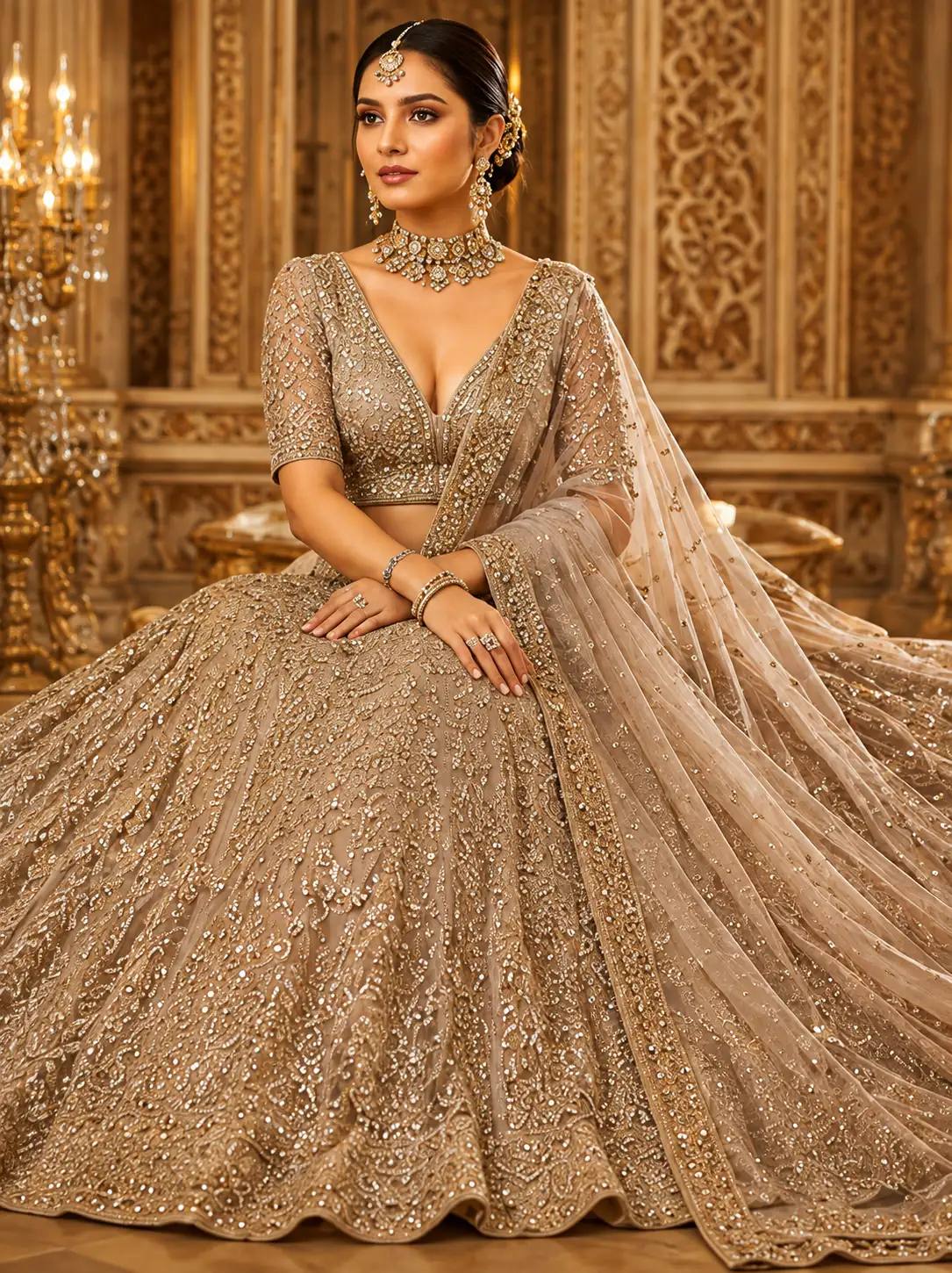 Beige Net Reception Lehenga with Embroidered Plunged V Neck Blouse