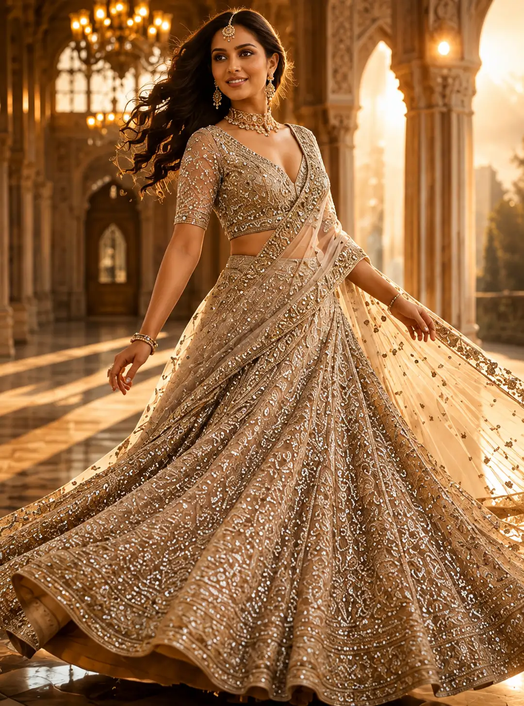 Beige Net Reception Lehenga with Embroidered Plunged V Neck Blouse