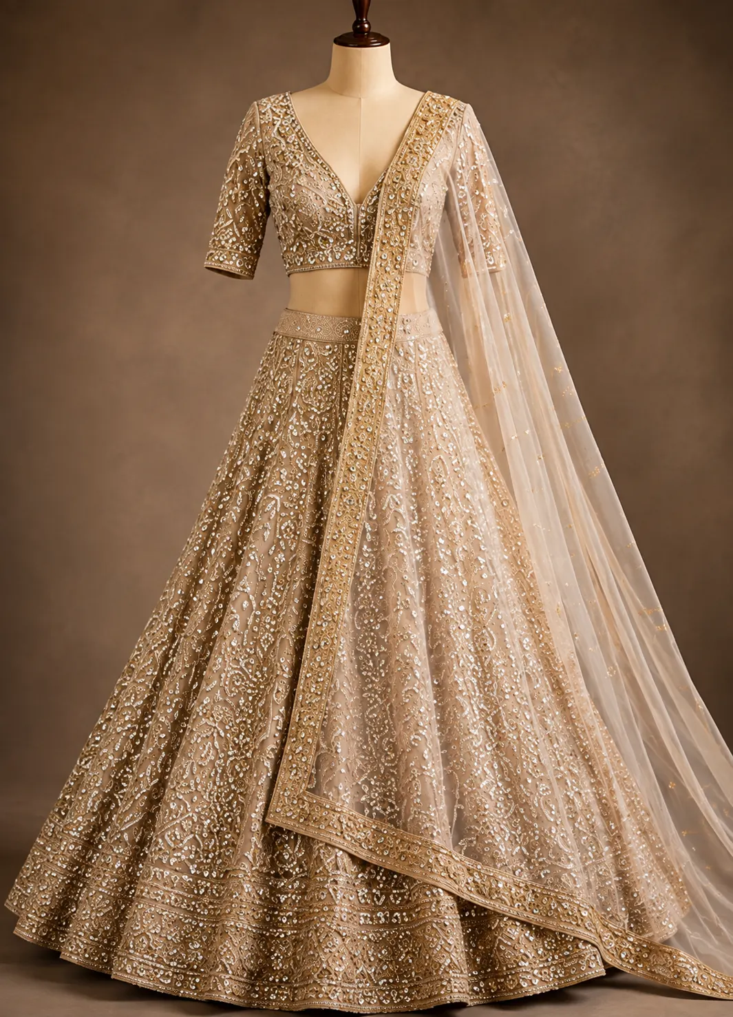Beige Net Reception Lehenga with Embroidered Plunged V Neck Blouse