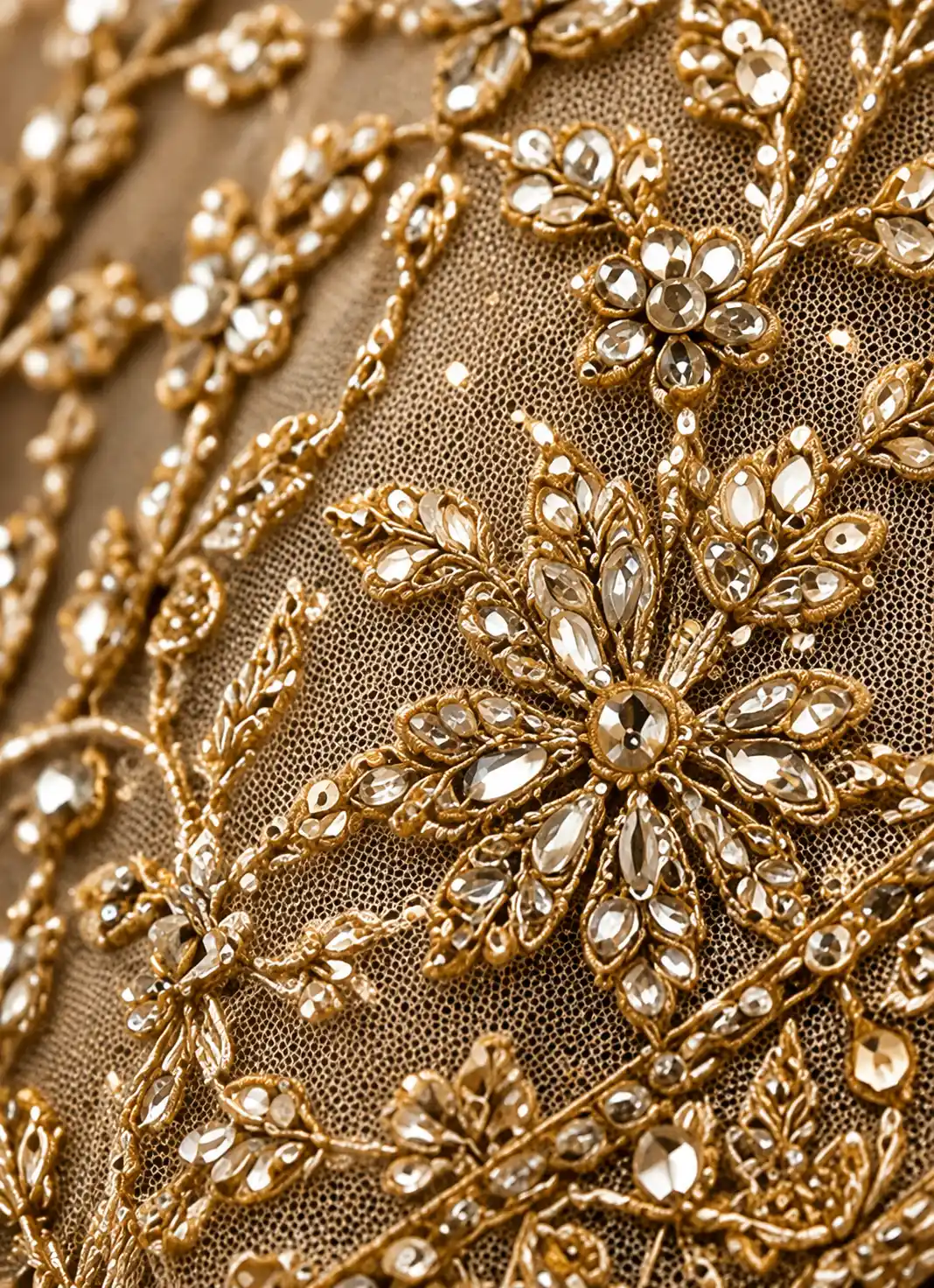 Beige Net Reception Lehenga with Embroidered Plunged V Neck Blouse