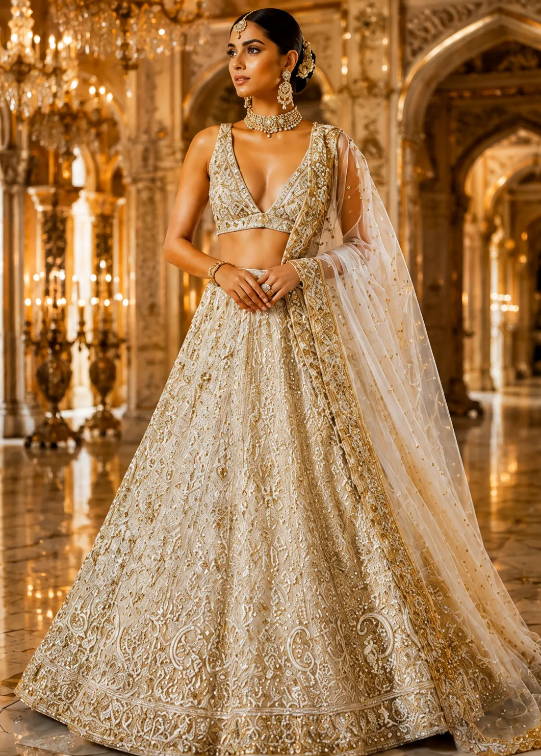 White Net Lehenga with Sequins Embroidery and Sleevless Blouse
