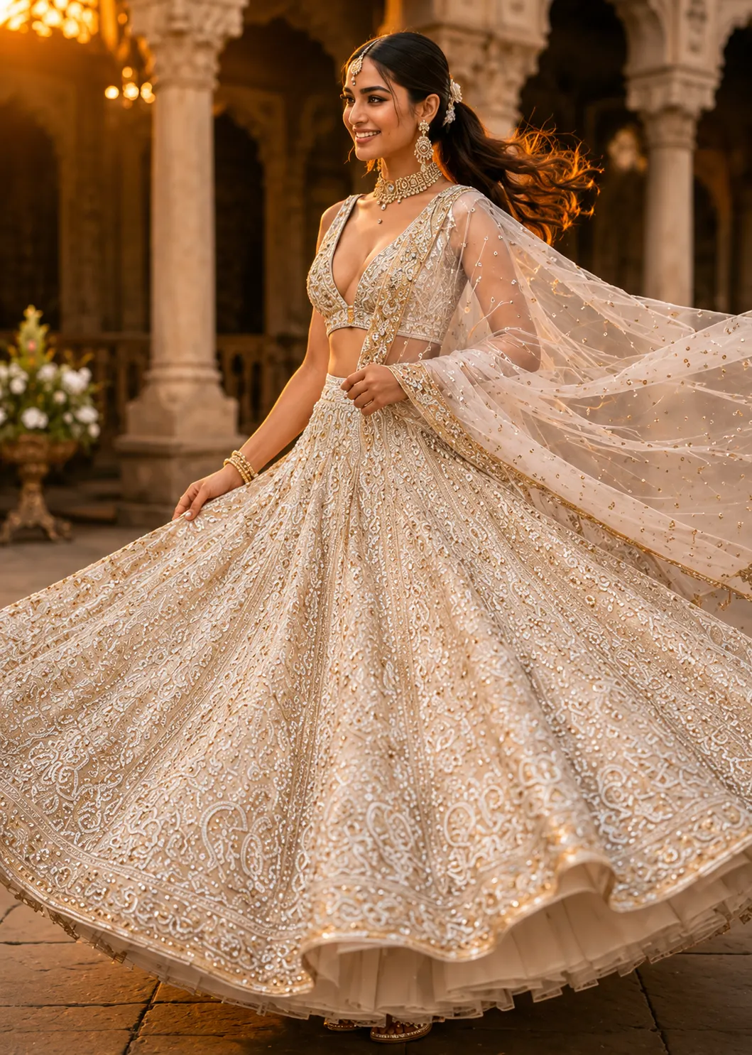 White Net Lehenga with Sequins Embroidery and Sleevless Blouse