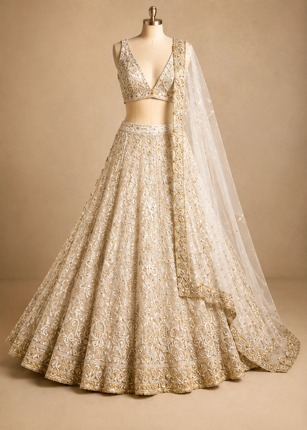 White Net Lehenga with Sequins Embroidery and Sleevless Blouse