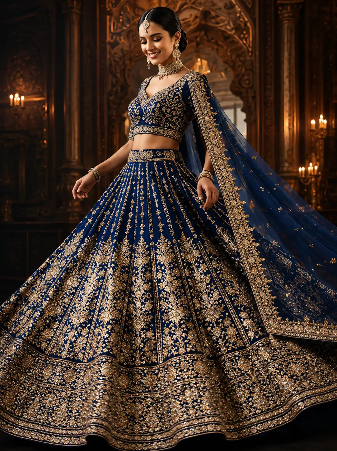 Royal Blue Zari Embroidered Silk Reception Lehenga with V Neck Blouse