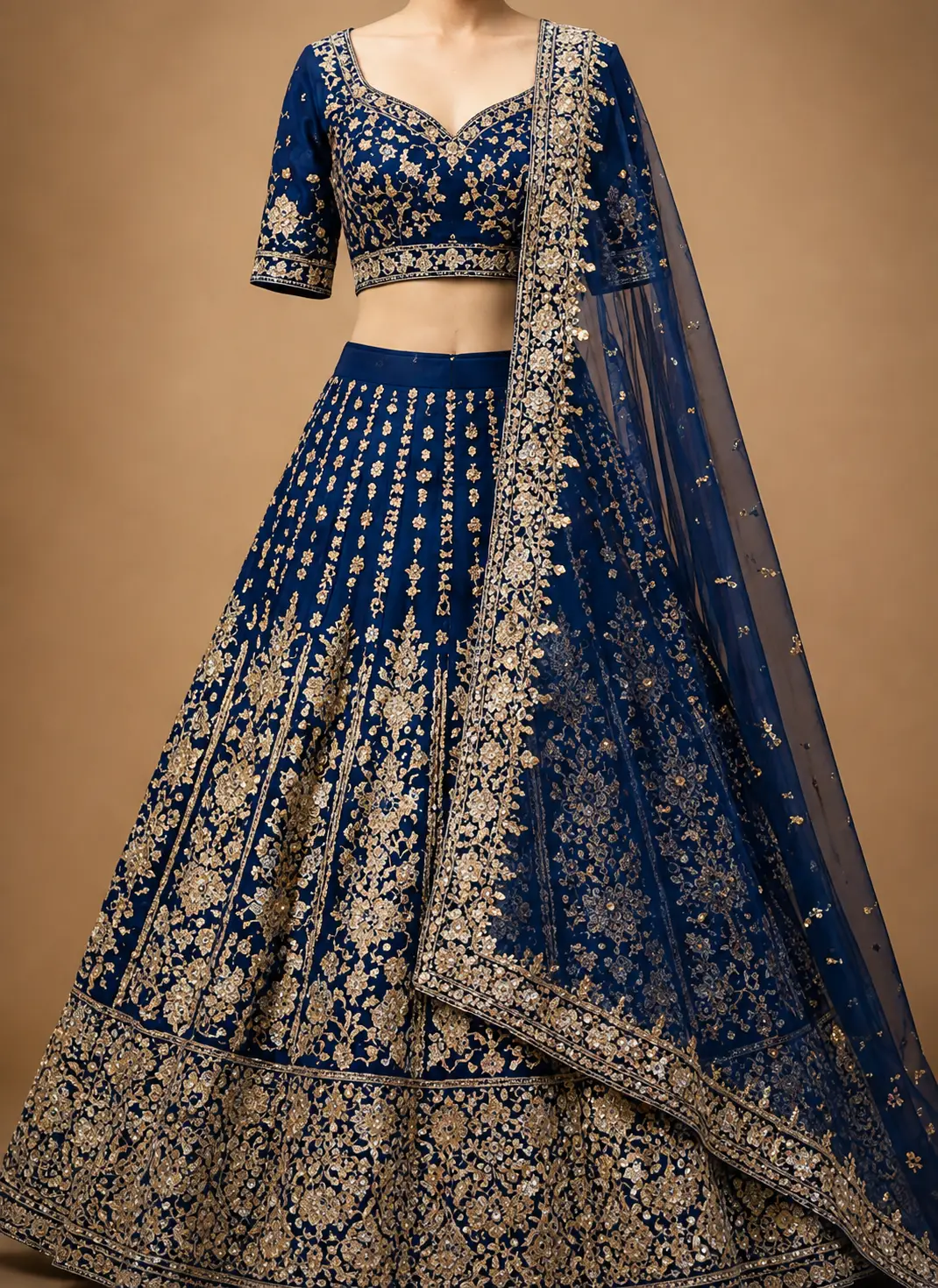 Royal Blue Zari Embroidered Silk Reception Lehenga with V Neck Blouse