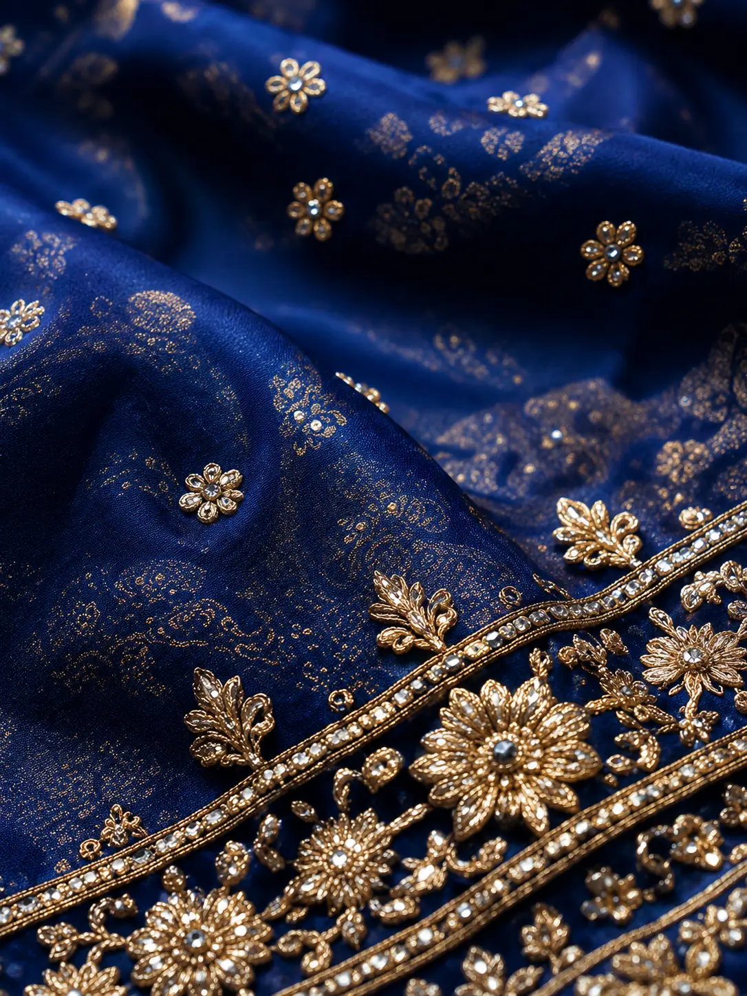 Royal Blue Zari Embroidered Silk Reception Lehenga with V Neck Blouse