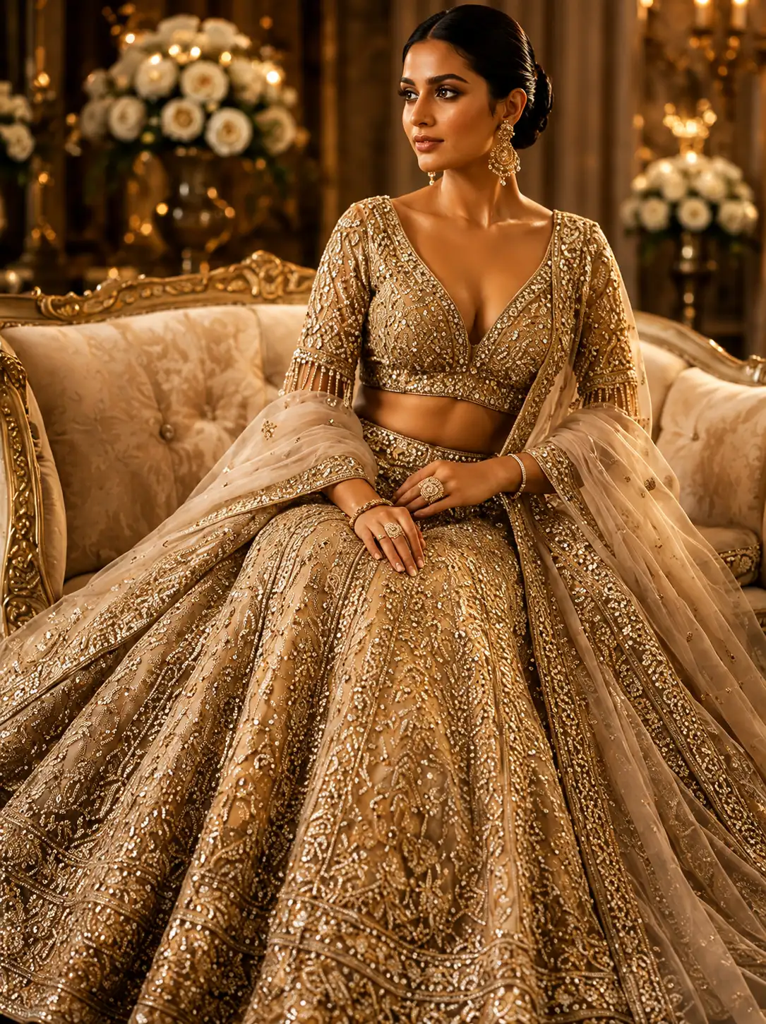 Beige Net Reception Lehenga with Embroidered Plunged V Neck Blouse