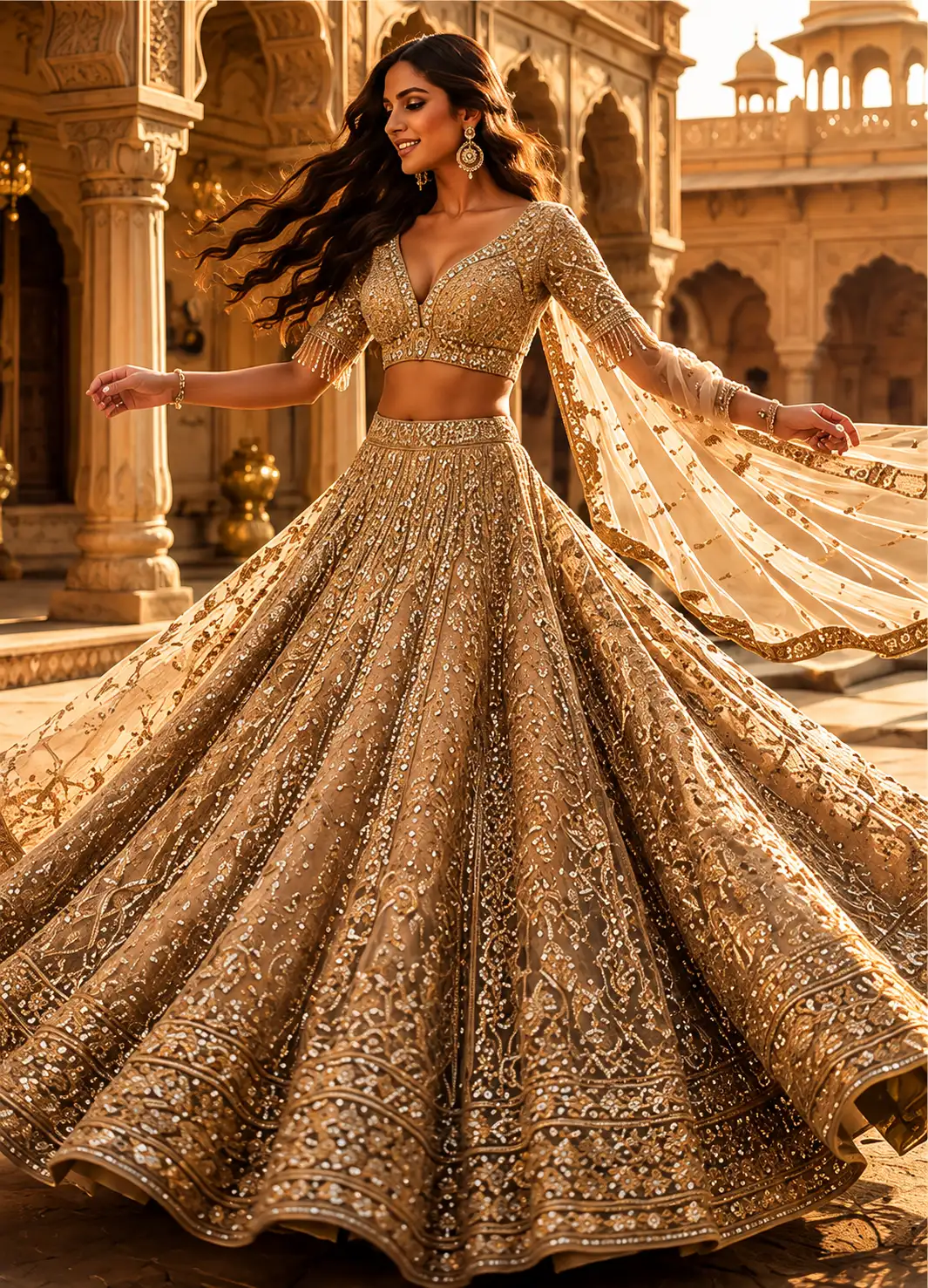 Beige Net Reception Lehenga with Embroidered Plunged V Neck Blouse