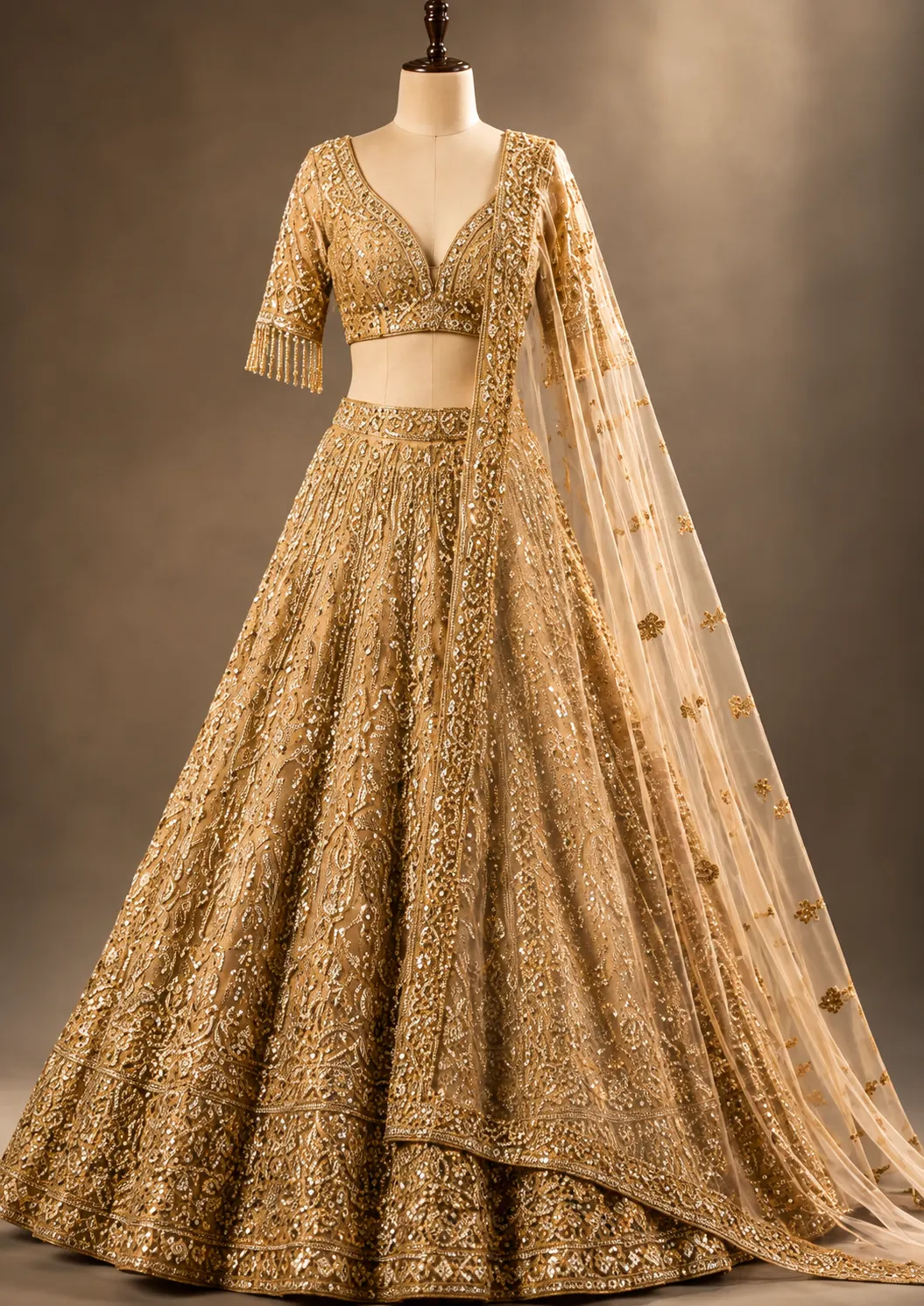 Beige Net Reception Lehenga with Embroidered Plunged V Neck Blouse