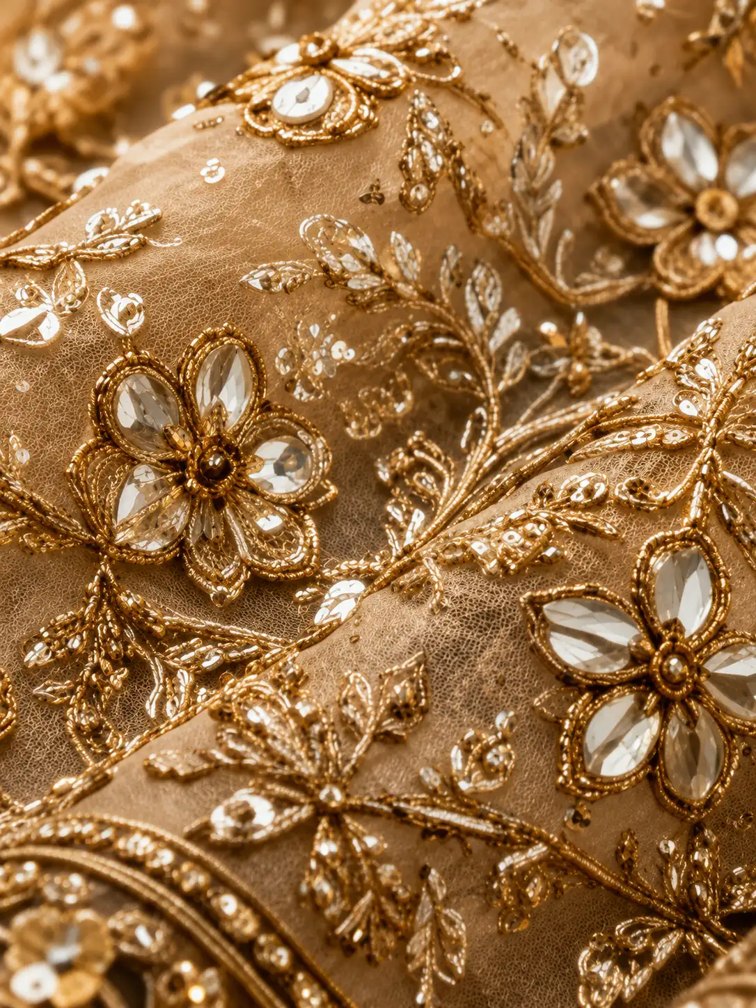 Beige Net Reception Lehenga with Embroidered Plunged V Neck Blouse