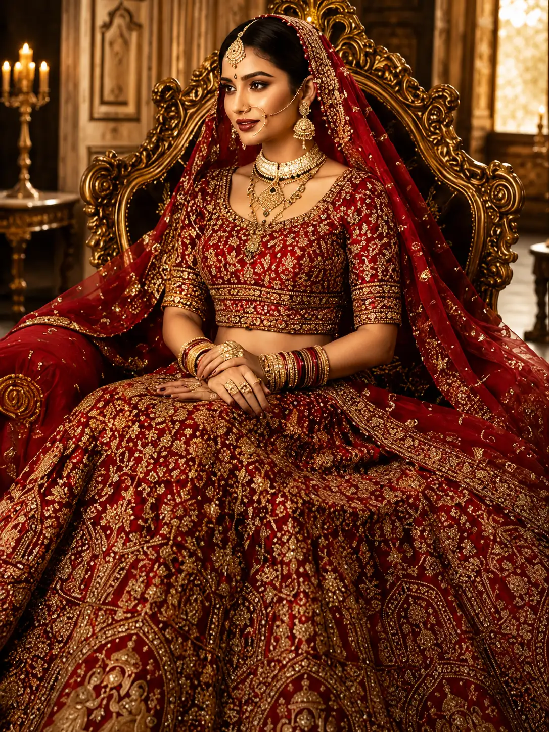 Red Silk Bridal Lehenga with Round Neck Blouse and Double Dupatta