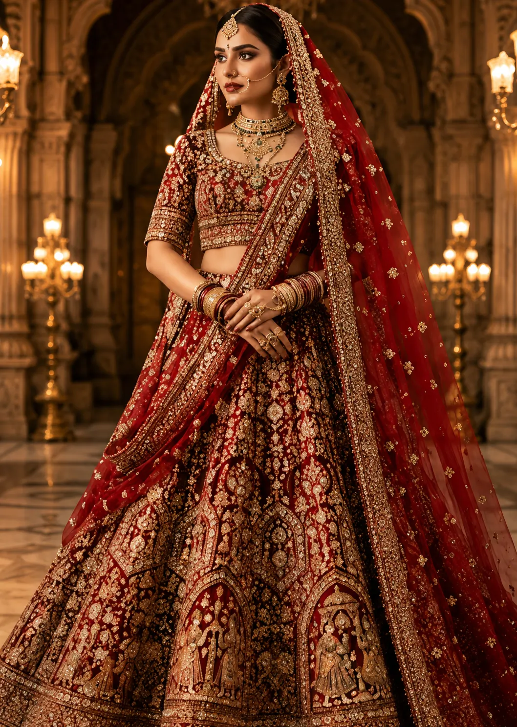 Red Silk Bridal Lehenga with Round Neck Blouse and Double Dupatta