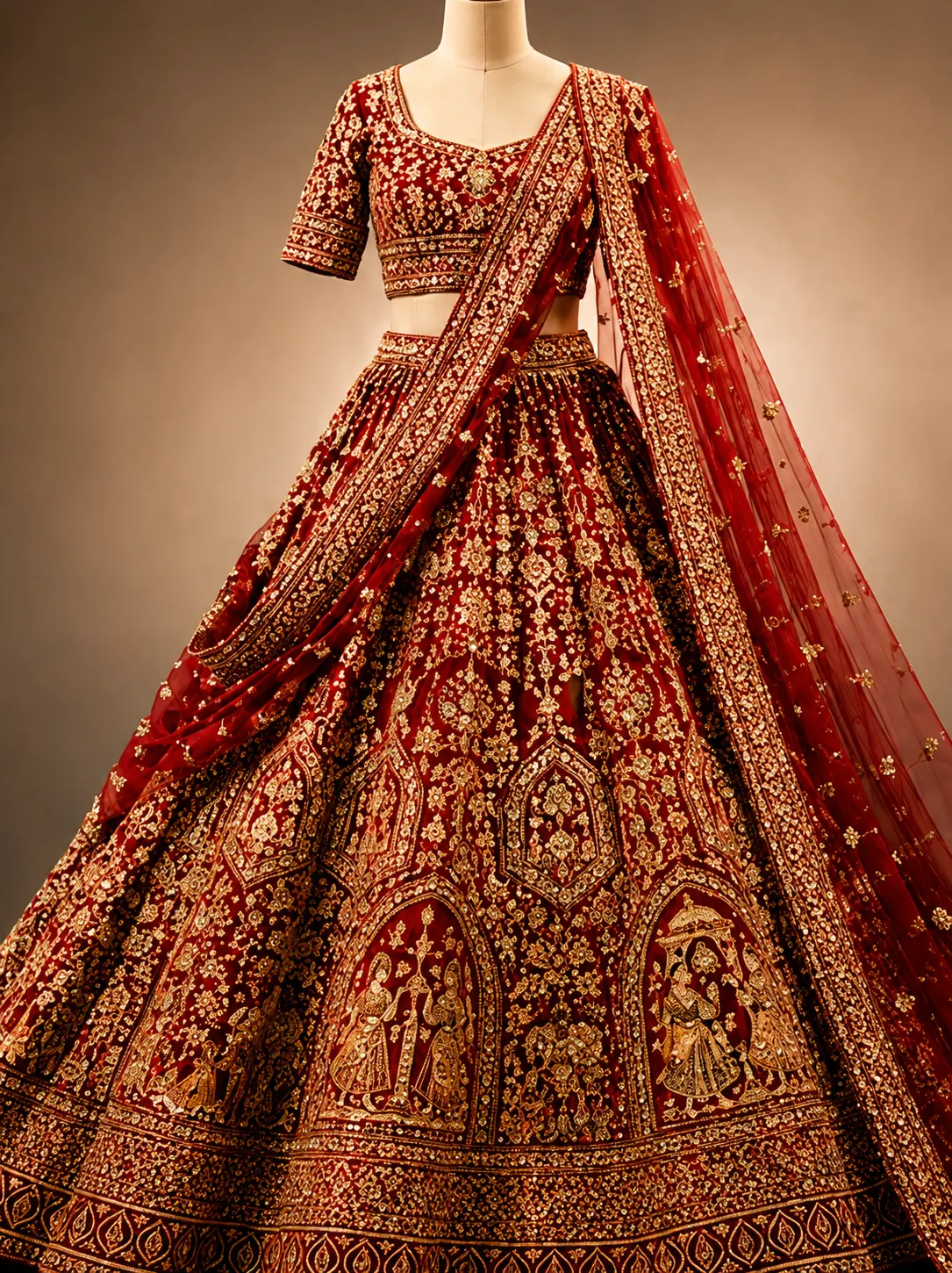 Red Silk Bridal Lehenga with Round Neck Blouse and Double Dupatta