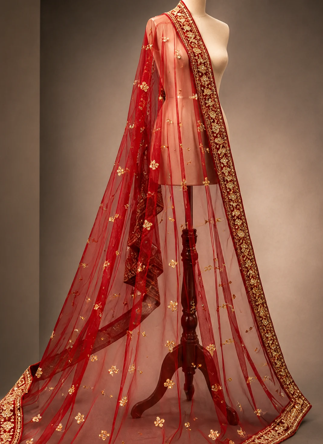 Red Silk Bridal Lehenga with Round Neck Blouse and Double Dupatta