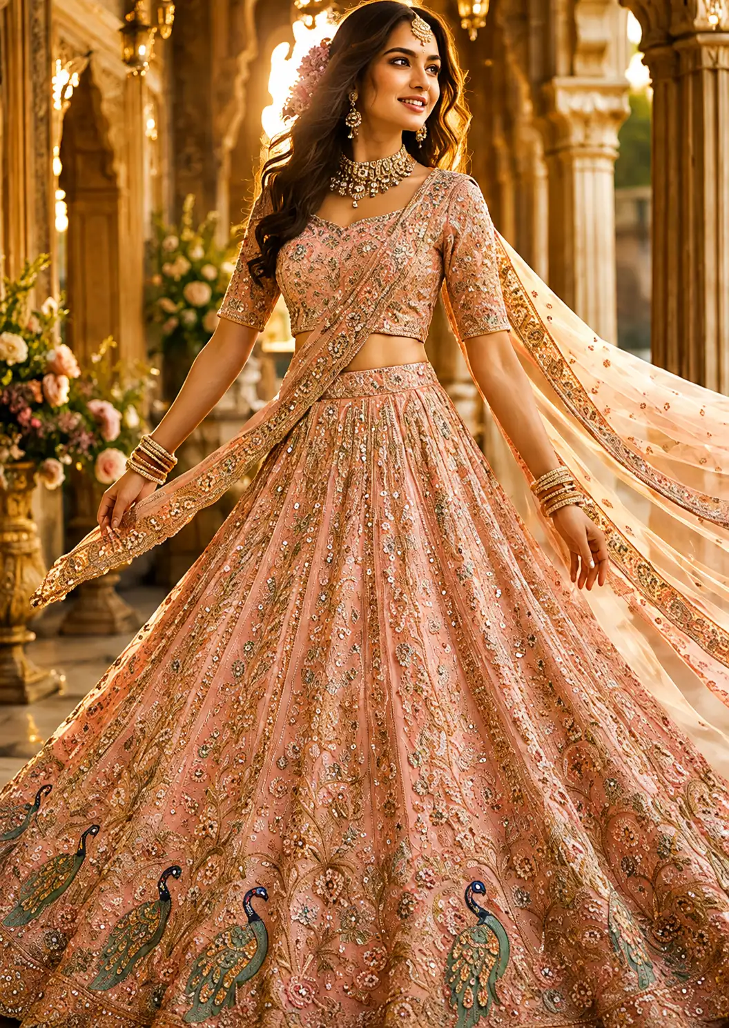 Pink Sequins Embroidered Silk Reception Lehenga with Leaf Neck Blouse