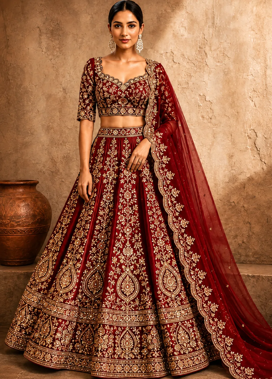 Maroon Zardosi Embroidered Silk Reception Lehenga with Scalloped Neck