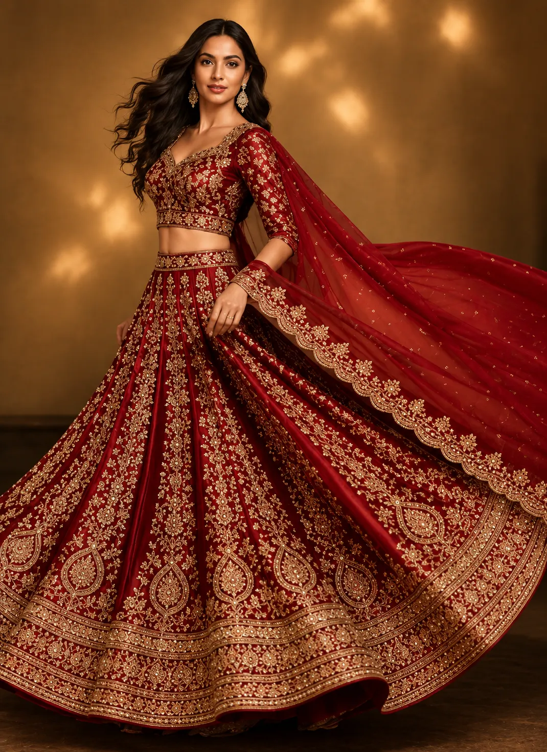 Maroon Zardosi Embroidered Silk Reception Lehenga with Scalloped Neck
