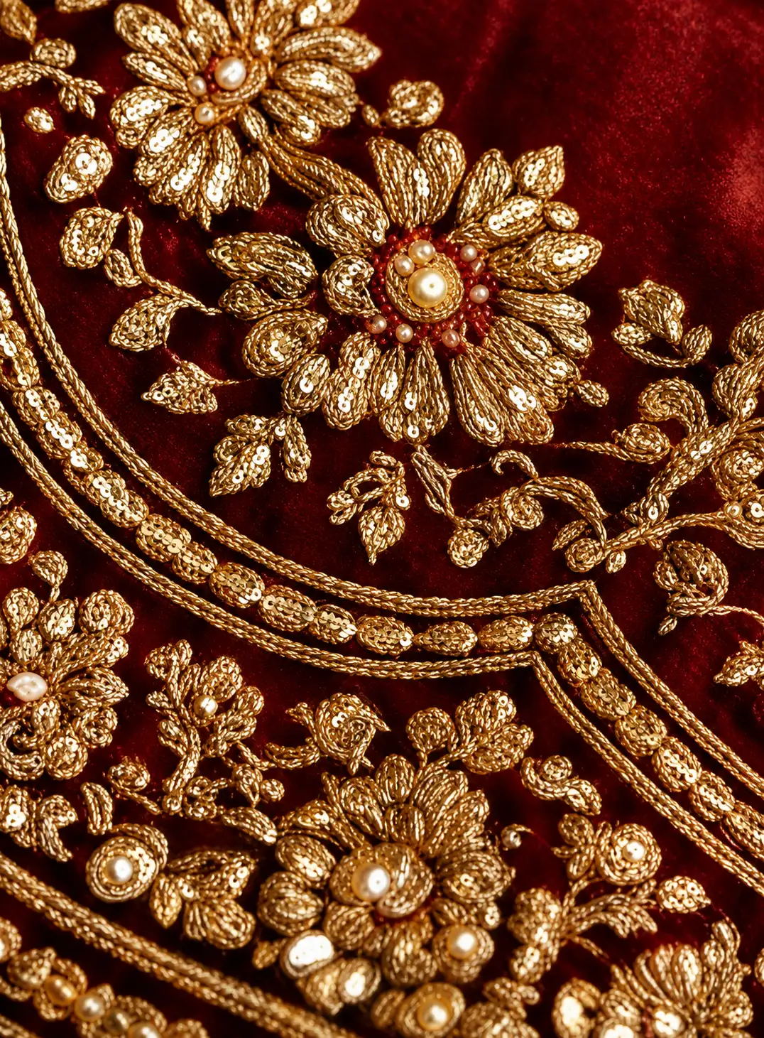 Maroon Zardosi Embroidered Silk Reception Lehenga with Scalloped Neck