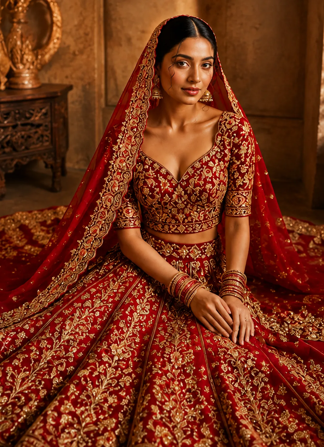Red Zari Embroidered Silk Bridal Lehenga with Elbow Sleeves Blouse