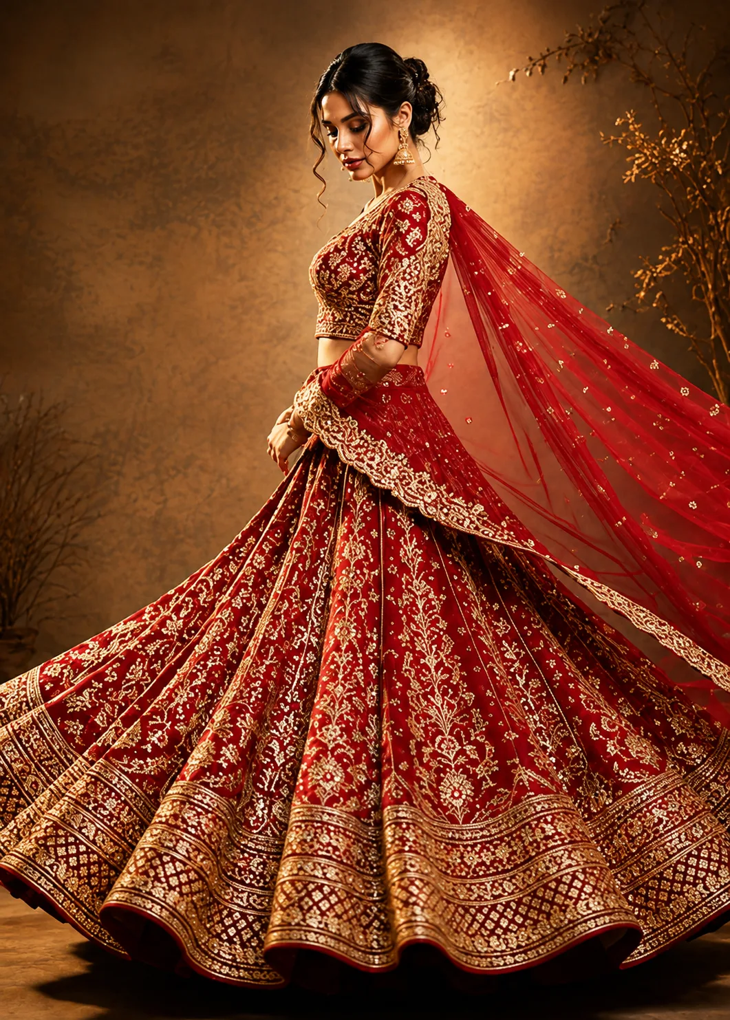 Red Zari Embroidered Silk Bridal Lehenga with Elbow Sleeves Blouse