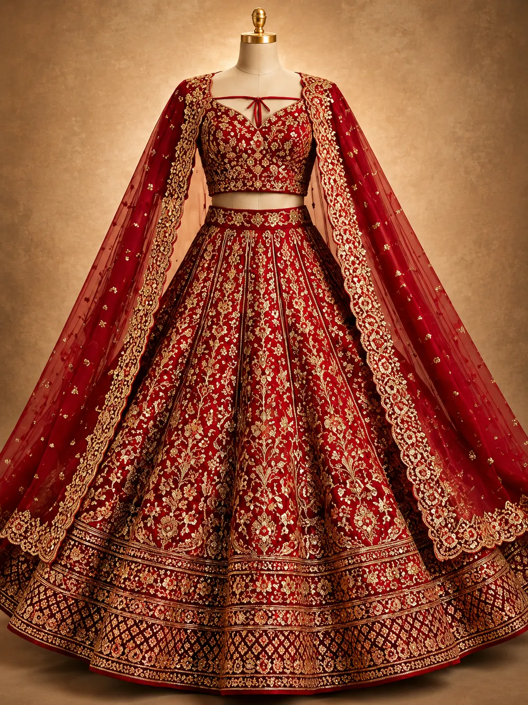 Red Zari Embroidered Silk Bridal Lehenga with Elbow Sleeves Blouse