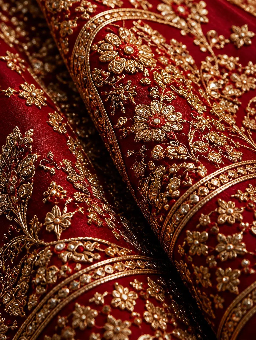 Red Zari Embroidered Silk Bridal Lehenga with Elbow Sleeves Blouse