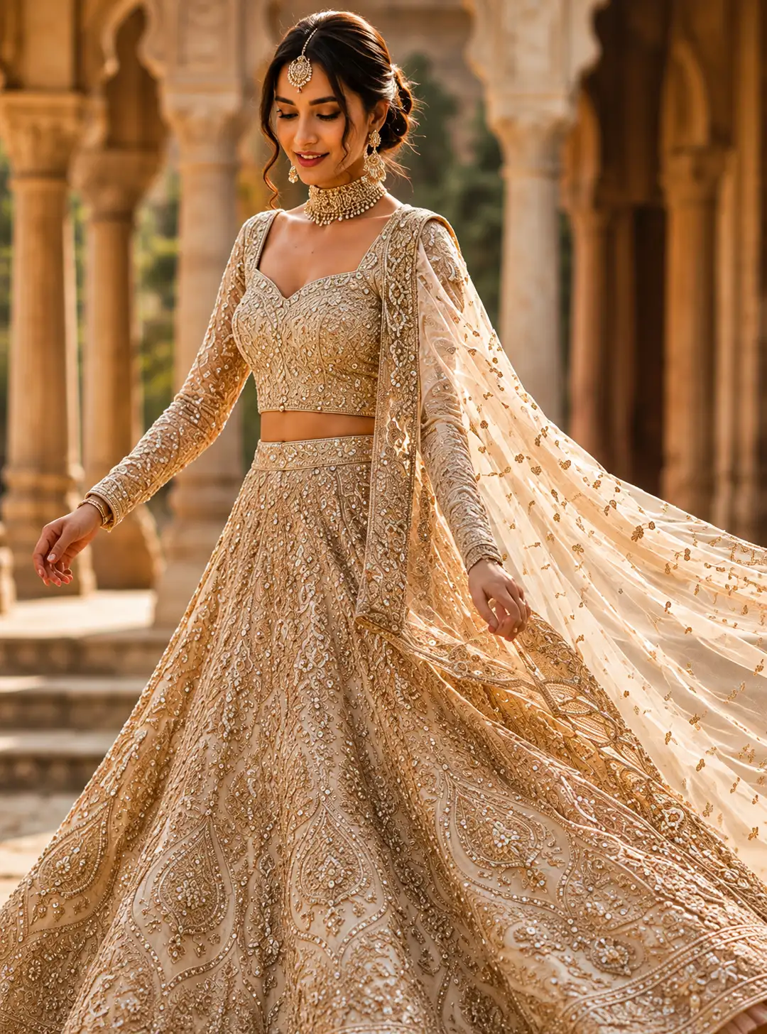 Beige Silk Resham Embroidered Designer Lehenga with Sweetheart Neck Blouse