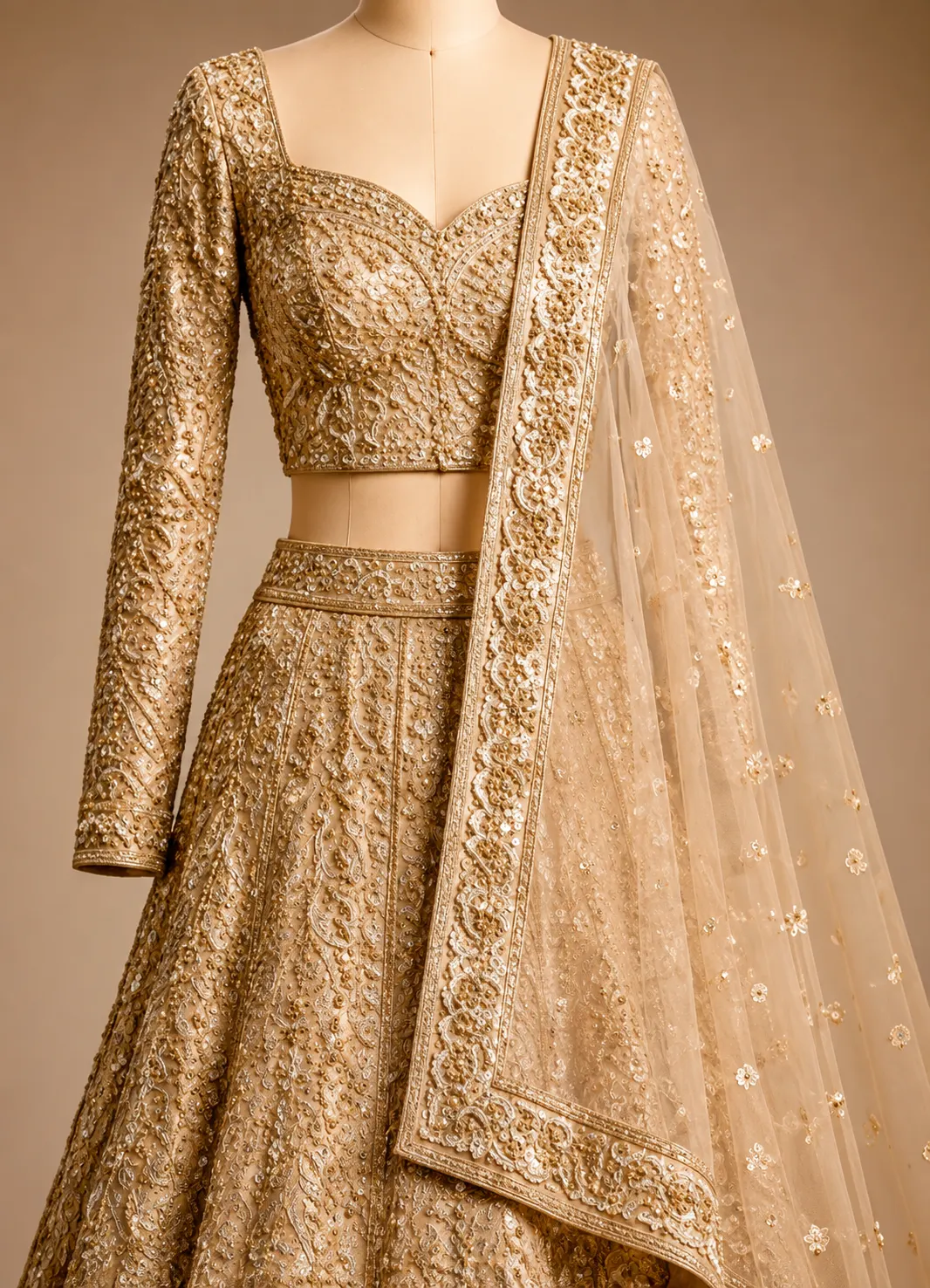 Beige Silk Resham Embroidered Designer Lehenga with Sweetheart Neck Blouse