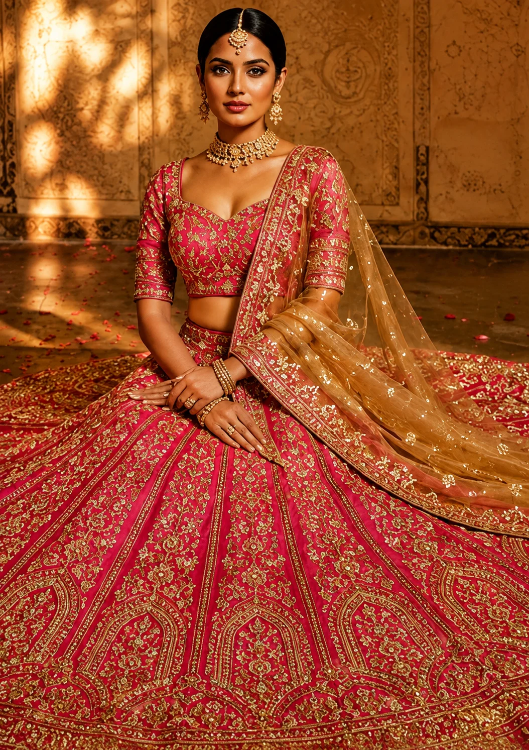 Bright Pink Bead Embroidered Silk Bridal Lehenga with Sweetheart Neck Blouse