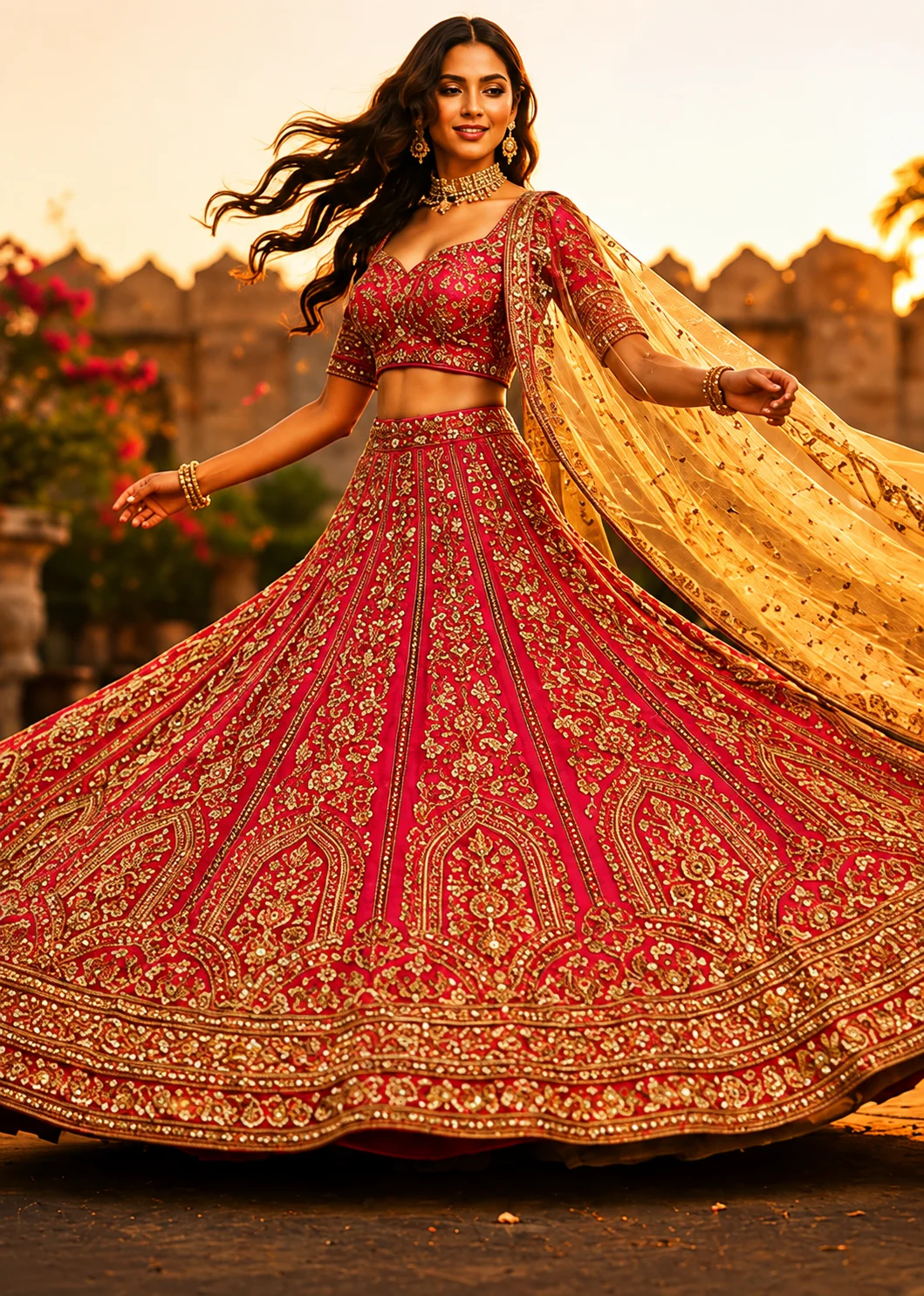 Bright Pink Bead Embroidered Silk Bridal Lehenga with Sweetheart Neck Blouse