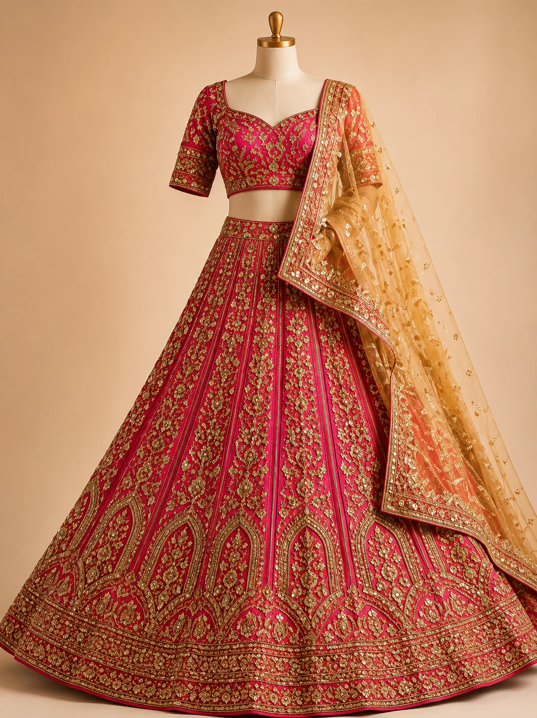 Bright Pink Bead Embroidered Silk Bridal Lehenga with Sweetheart Neck Blouse