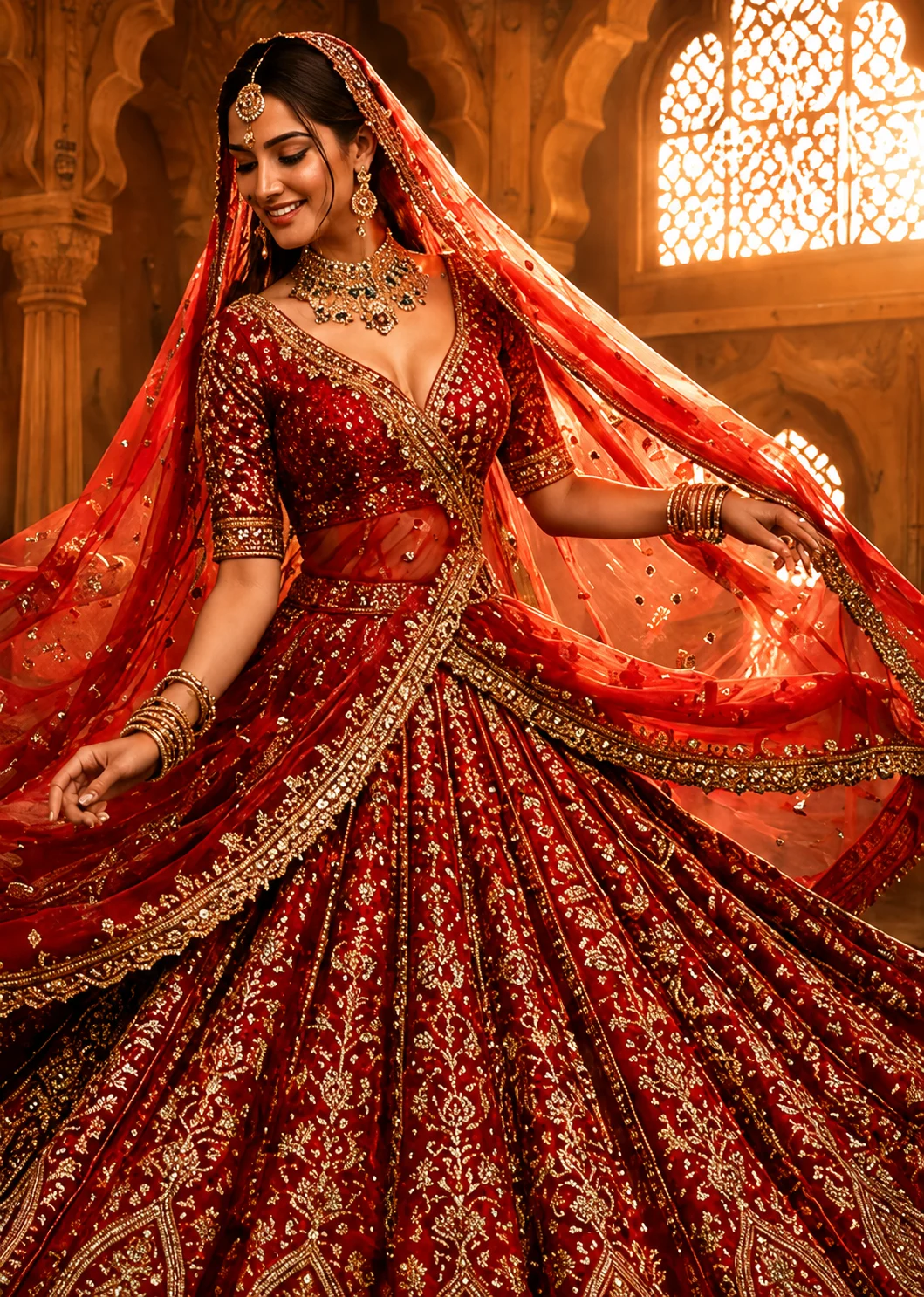 Crimson Red Umbrella Style Silk Bridal Lehenga with Double Dupatta 
