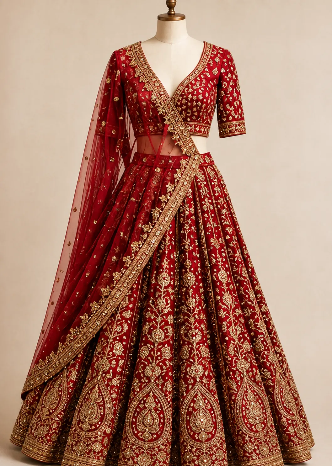 Crimson Red Umbrella Style Silk Bridal Lehenga with Double Dupatta 