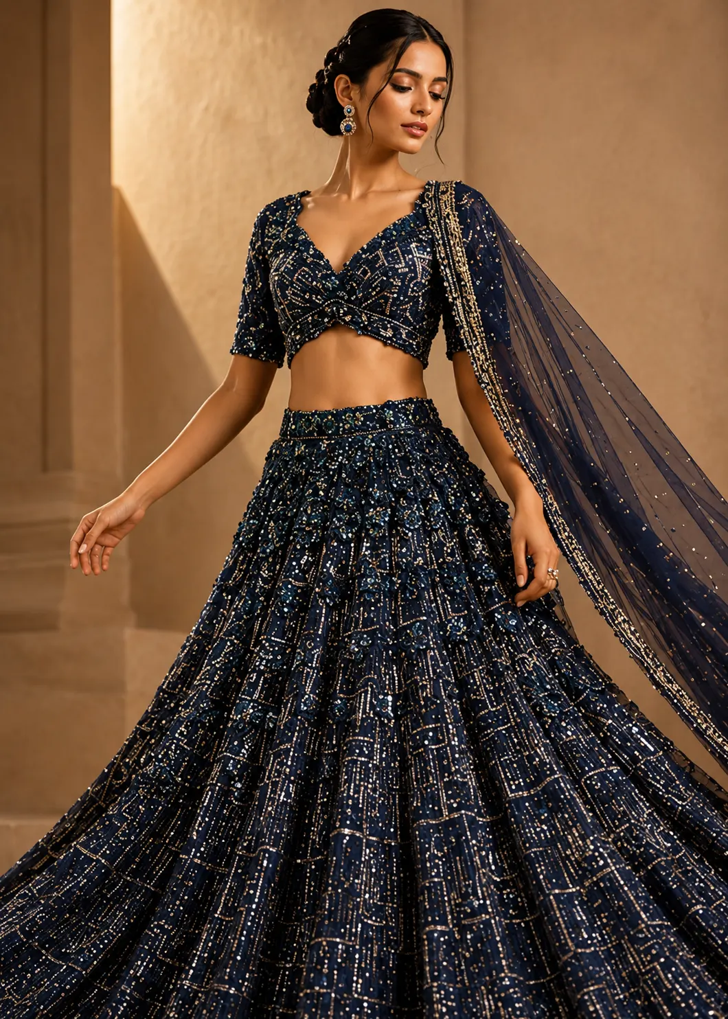 Midnight Blue Sequins Embroidered Net Lehenga with Readymade Blouse
