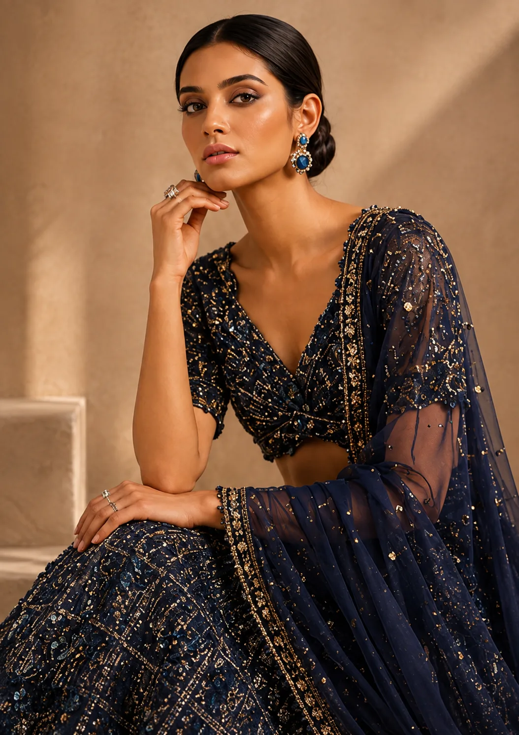 Midnight Blue Sequins Embroidered Net Lehenga with Readymade Blouse